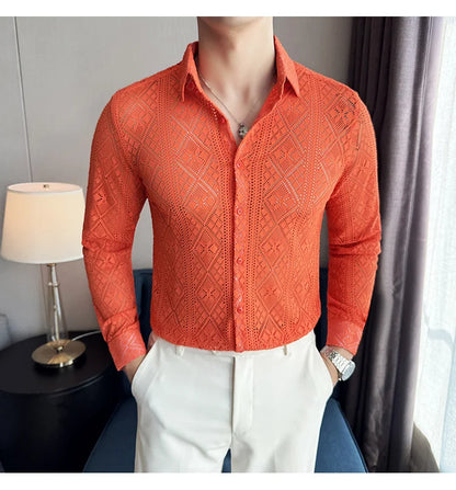 Quality Hollow Shirts For Men Korean Luxury Clothing Fashion Sexy Lace Men's Social Shirt Dress Slim Fit Long Sleeve Prom Tuxedo