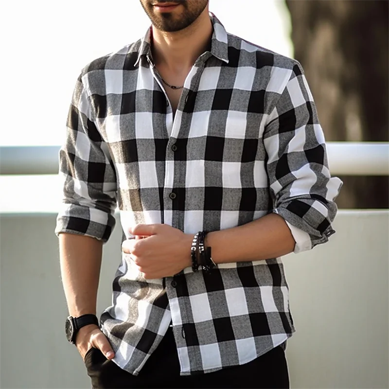 Fashion Style Black And White Plaid Shirt Men's Long-sleeve Shirt Summer New Button Lapel Shirt Street Loose Casual Top Clothing