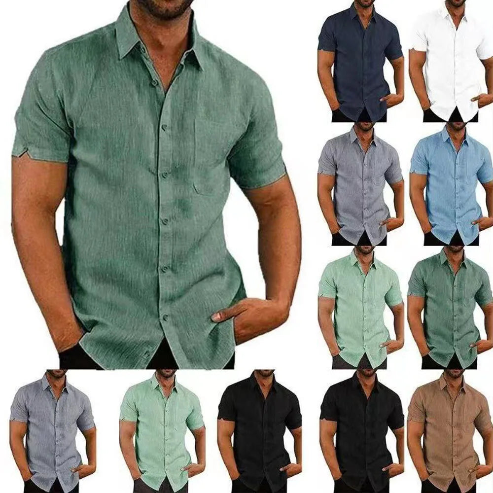 Men Pocket Blouse Tops Summer Male Turn Down Collar Button Short Sleeve Slim Solid Color Blouse Shirts YYCFS-19505