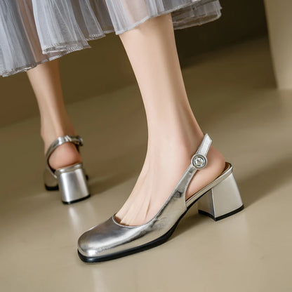 Fashion Slingback Sandals Shoes Women Block Heels Close Toe Party Office Shoes Ladies Elegant Short Heeled Silver Mules Shoes