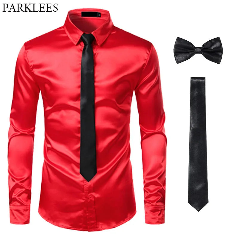 Black Mens Silk Dress Shirts 3Pcs(Shirt +Tie+Bowtie) Smooth Satin Shirt Men Slim Fit Party Prom Casual Shirts Men Social Camisa