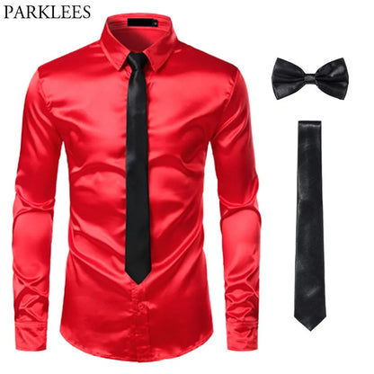Black Mens Silk Dress Shirts 3Pcs(Shirt +Tie+Bowtie) Smooth Satin Shirt Men Slim Fit Party Prom Casual Shirts Men Social Camisa