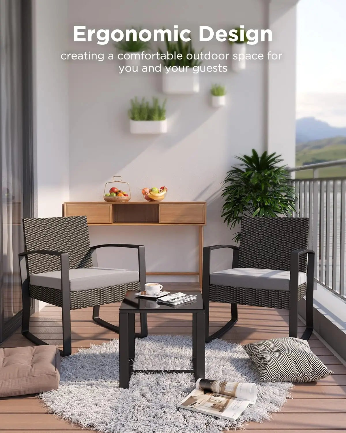 3 Pieces Patio Furniture Set Rocking Bistro Set Outdoor Rattan Conversation with Coffee Table for Garden Balcony Backyard