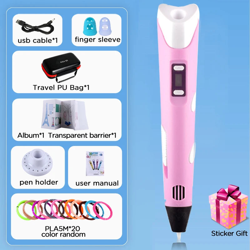 3D Printing Pen 9/50/100/200M PLA Filament LED Display With PU Case DIY Drawing Pens Stimulate Creativity Kids Toys 3D Pen