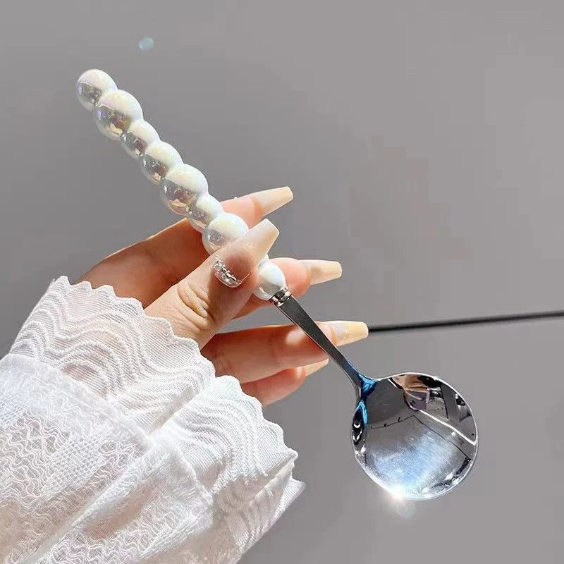 Stainless Steel Spoon Korean Long Handle Tableware Thicken Stirring Ice Spoon Meal Spoon Household Dinner Spoon