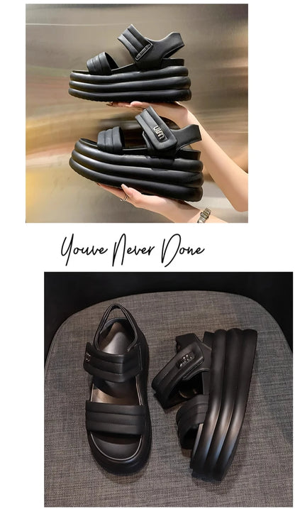 2025 Summer Women Chunky Sandals Leather High Platform Trainers Breathable Casual Slippers Shoes Woman 8.5CM Heels Wedge Sneaker