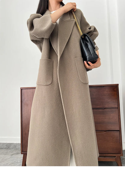 Office Lady Woolen Jackets 2024 Autumn And Winter Bathrobe Style Pocket Double-Sided Loose Lace -Up Tie Women's Long Wool Coats