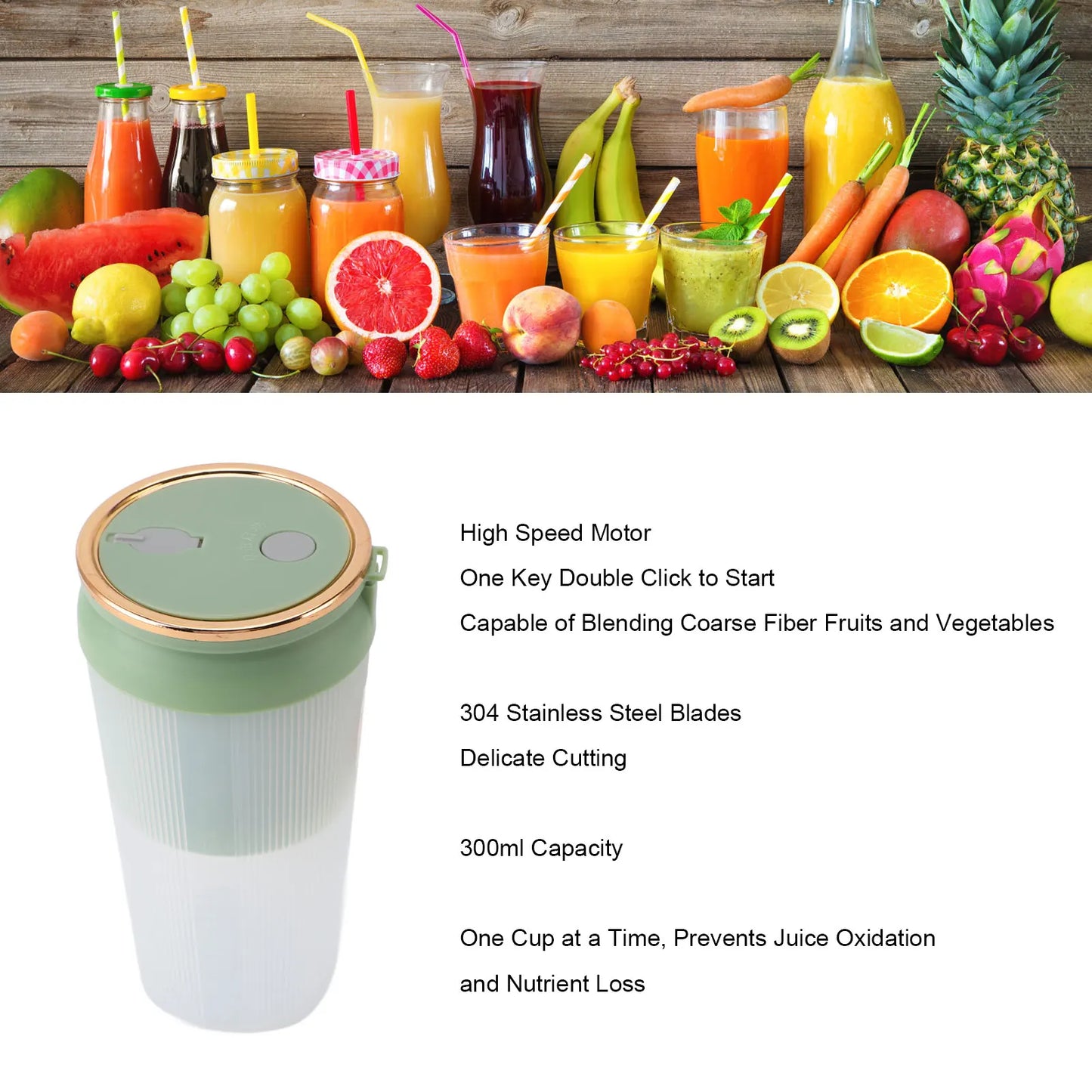 Portable Blender 4 Blades Cordless 300ml Capacity USB Rechargeable Handheld Personal Size Blender for Juice Shakes Smoothies