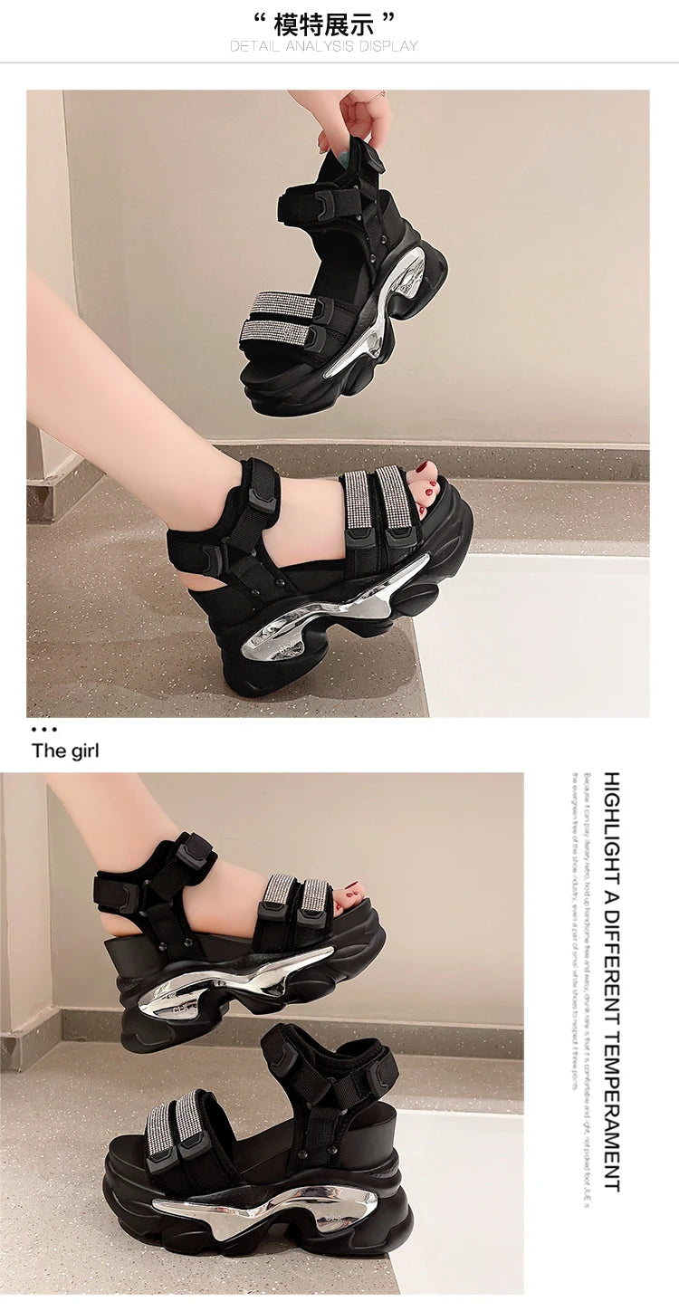 Summer High Platform Women Sandals Buckle 10CM Wedges Bling Shoes Fashion 2023 Outside Chunky Sandals Beach Casual Slides Woman