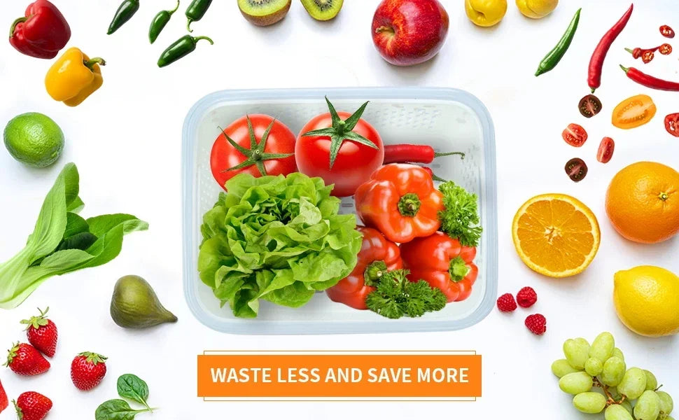 Fridge Food Storage Container Set with Lids with Strainer,Plastic Fresh Produce Saver Vegetable Fruit Meat Organizer