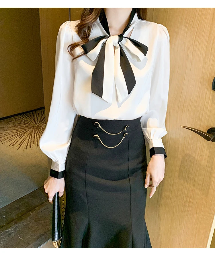 Elegant Office Blouses Women Chiffon Autumn Winter Korean Fashion Casual Streetwear Blusas Mujer Puff Sleeve Ladies Tops Shirts