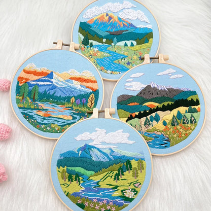 Embroidery Starter Kit for Adult Beginner with Landscape Mountain Nature Scenery Pattern Hand Set with Embroidery Cloth Needles