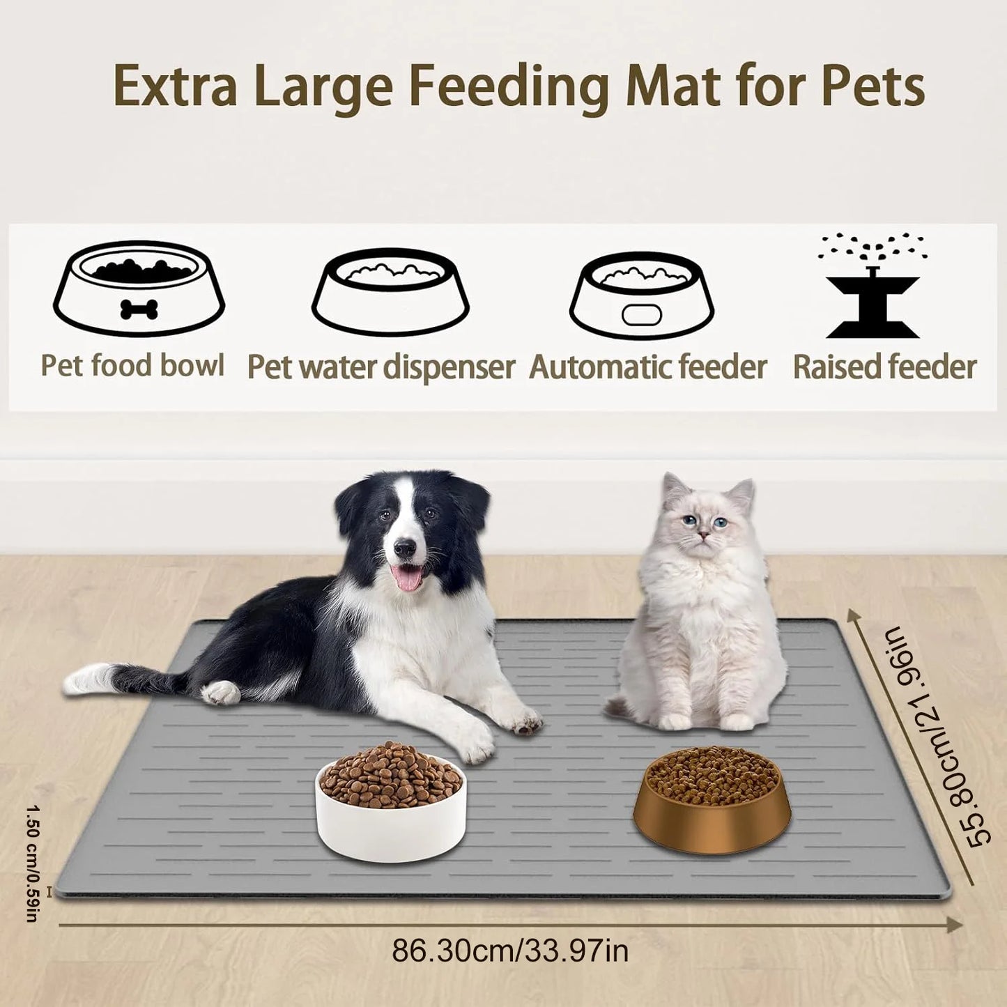 1 pcs Silicone Dog Feeding Mat with Raised Edges, Non-Slip Waterproof Pet Food Mat for Small & Medium Dogs and cats (Light Gray)