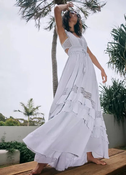 canwedance Summer Beach Dress Sleeveless Cotton Maxi Dresses Boho Style Solid Color Lace Ruffled Sundress Mujer Vestidos