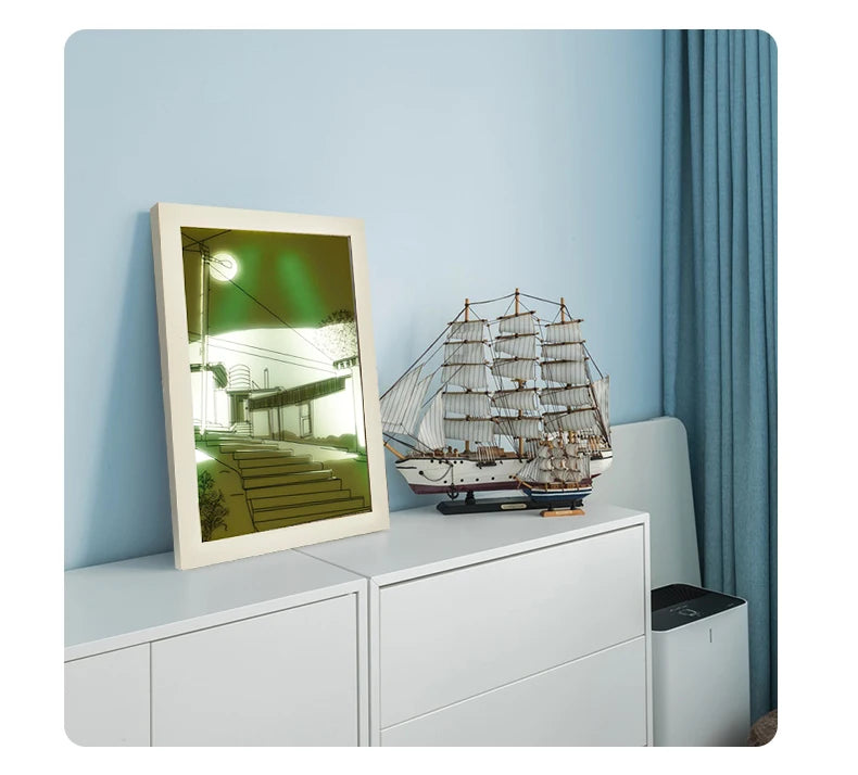 Beautiful LED Light Painting Indoor Sunlight Window Wooden Photo Light Dimming Wall Artwork Table Lamp Home Decor Night Lamp