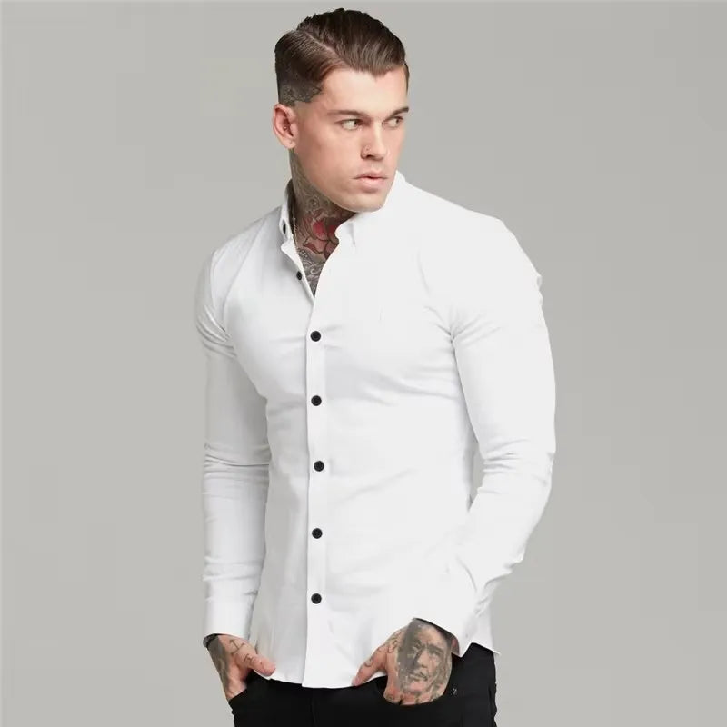 Men's Shirt Fashion Full Sleeve Shirt Men's Muscle Casual Slim-fit Business Dress Solid Color Shirt Men's Gym Fitness Men Shirt