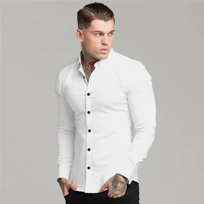 Men's Shirt Fashion Full Sleeve Shirt Men's Muscle Casual Slim-fit Business Dress Solid Color Shirt Men's Gym Fitness Men Shirt