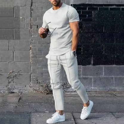 Sports Set Mens Fall 2023 Summer Solid Casual Round Neck Short Sleeve Sports T-shirt Two Piece Set for Men