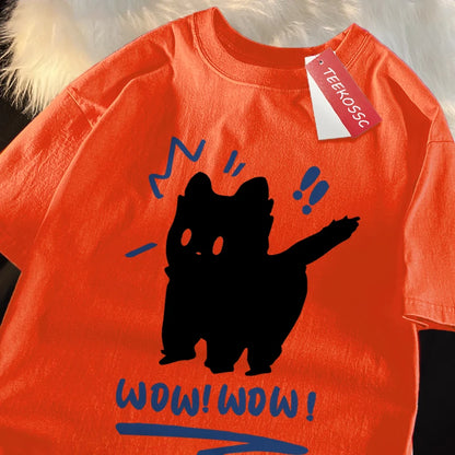 Wow Wow Fun Black Cat Print Japanese Style Men Women Top Fashion T Shirt Cotton Loose T-Shirt Casual O-Neck Clothes Oversize Top