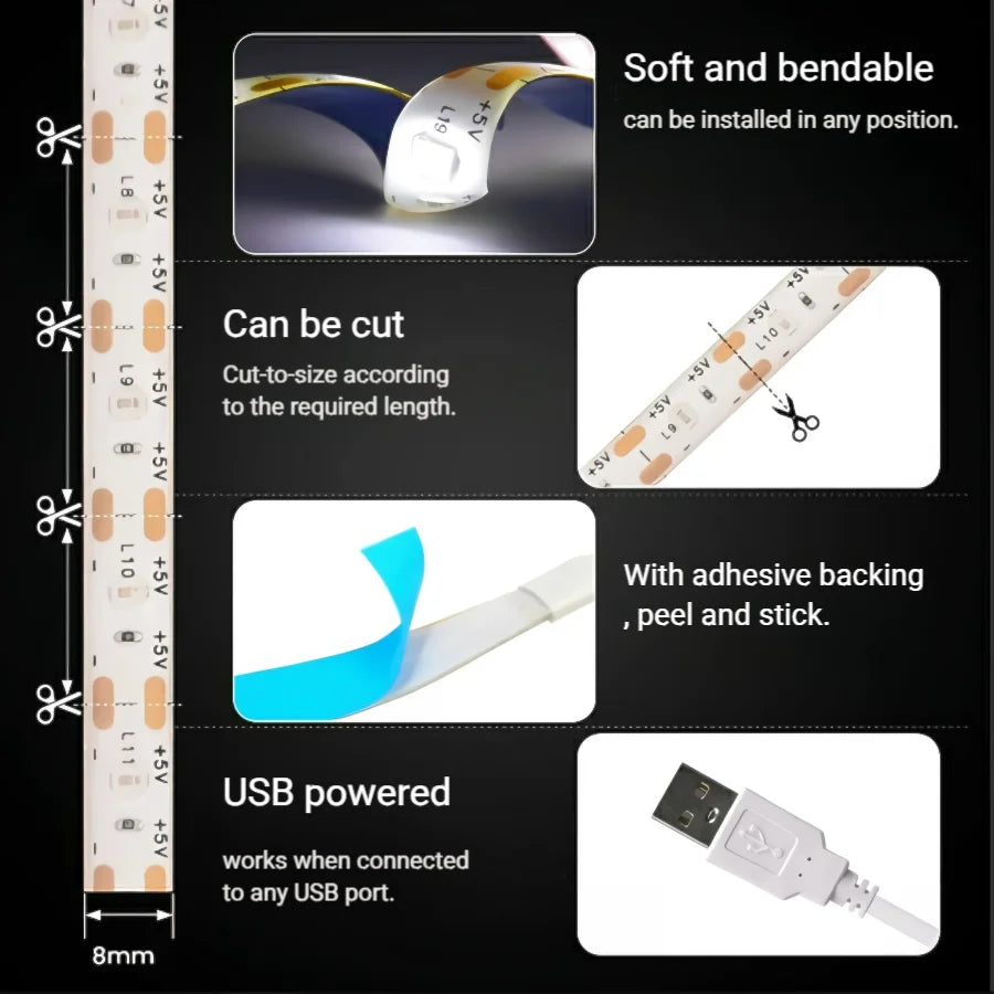 5V USB LED Strip Light with Switch Decoration Waterproof Tape for House Room Backlight 1M 2M 3M 5M Ribbon