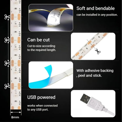 5V USB LED Strip Light with Switch Decoration Waterproof Tape for House Room Backlight 1M 2M 3M 5M Ribbon