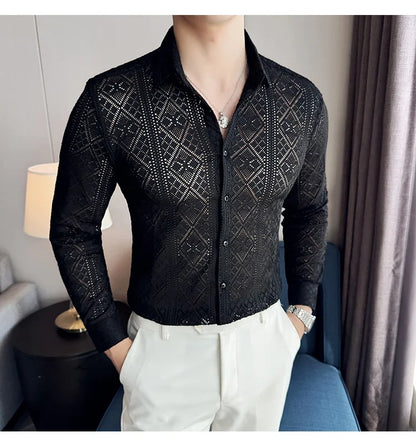 Quality Hollow Shirts For Men Korean Luxury Clothing Fashion Sexy Lace Men's Social Shirt Dress Slim Fit Long Sleeve Prom Tuxedo