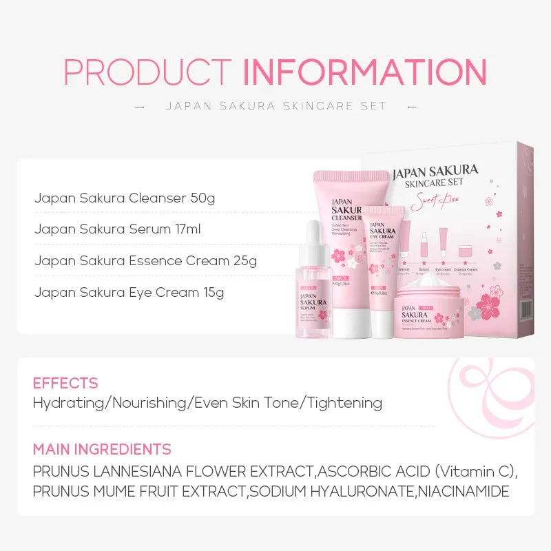 LAIKOU Sakura Skin Care Set Facial Cleanser Face Cream Essence Facial  Eye Cream Skincare Product 4pcs Kit
