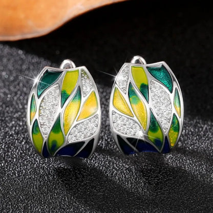 Huitan Creative Design Pink Flowers Enamel Earrings for Women Silver Color Luxury Crystal CZ Green Leaf Earrings Fashion Jewelry