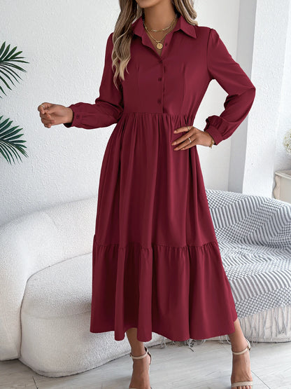 Casual Vacation Long Sleeved Turn-down Collar Single-Breasted Dress Spring Autumn Fashion Women's Clothing