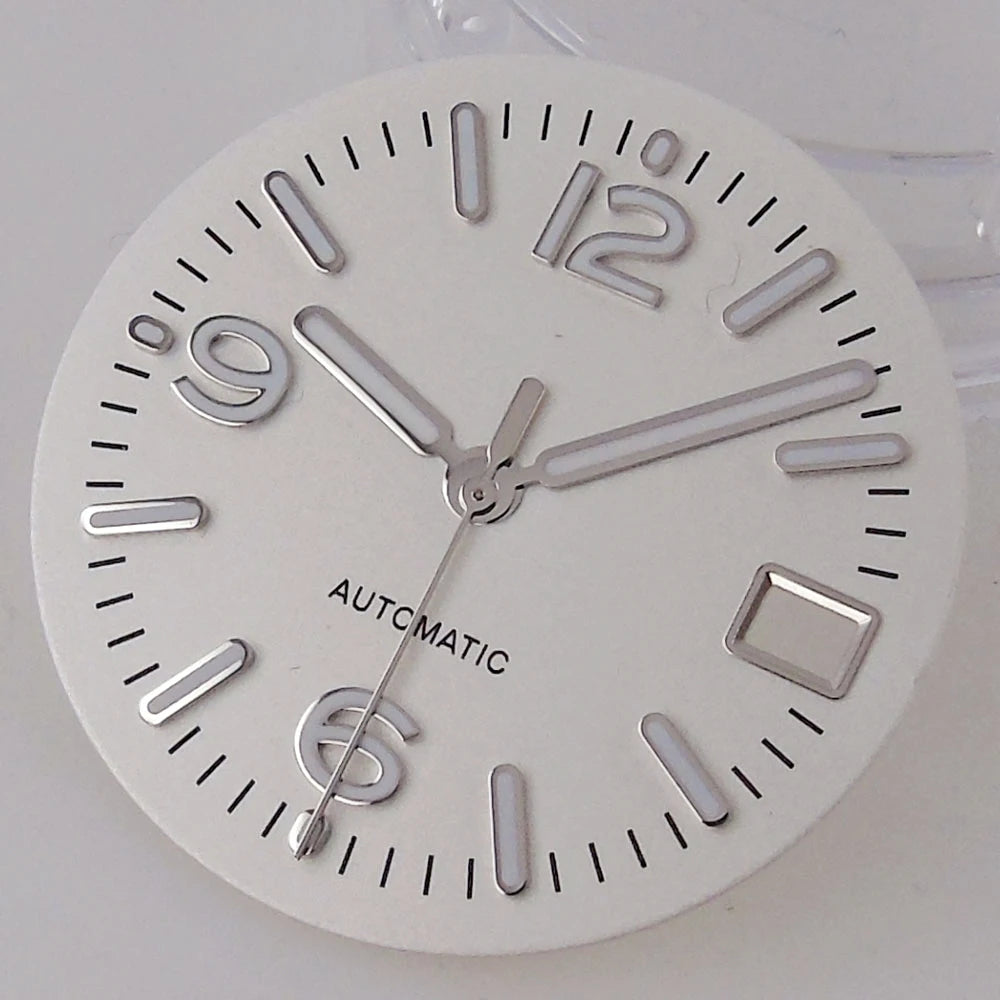 29MM Pilot Watch Dial Face for NH35 NH36 Dive Watch Mod Parts Silver Hand set Date Window Sterile Dial Plate Green Luminous