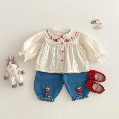 Girls Fashion Shirt 2025 New Spring Baby Korean Long Sleeve Shirt Children Spring Strawberry Peter Pan Collar Top