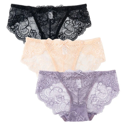 3PCS Hollow Out See Through Underpants Comfortable Briefs Sexy Ladies Lace Transparent Panties Low-Rise Lingerie