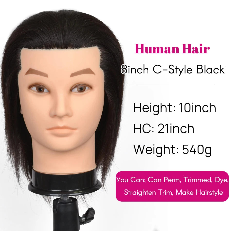 Male Mannequin Head With 100% Real Human Hair Black For Practice Hairdresser Cosmetology Training Doll Head For Hair Styling