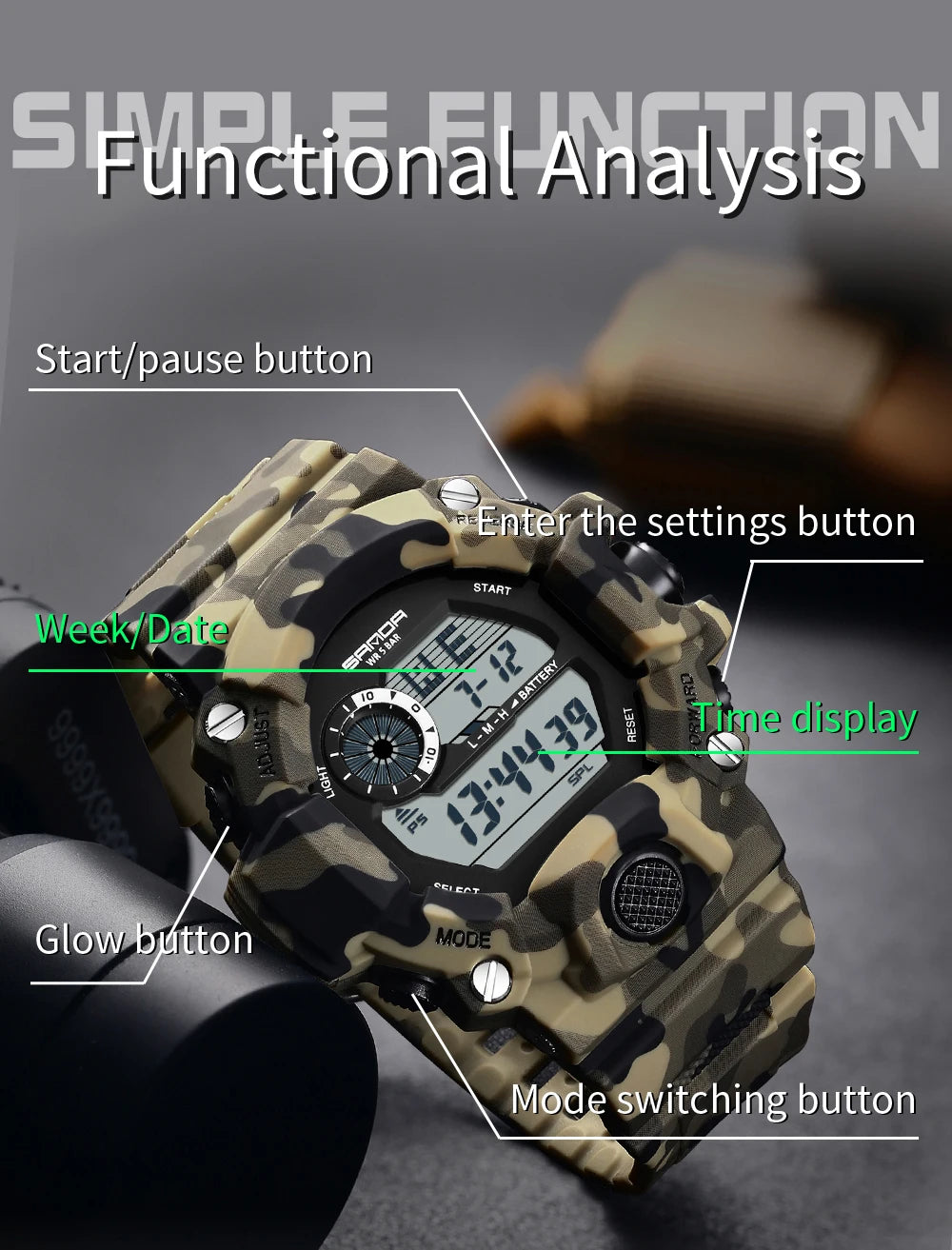 SANDA 2183 Fashion Military Student Electronic Watch Multi functional Timer Waterproof LED Student Electronic Digital Watch