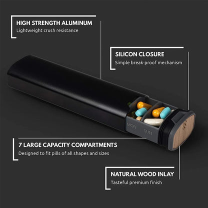 1Pcs 7 Day Weekly Pill Organizer,Premium Stylish Aluminum and Wood Large Capacity Pill Box for Supplements,Vitamins and Medicine