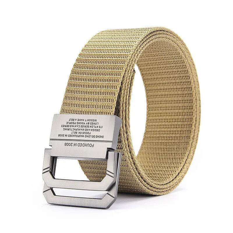 Men's Belt Trend Double Loop Buckle Canvas Belt Women's Belt with Cargo Pants Jeans Belt Outdoor Sports Belt No Perforated Belt