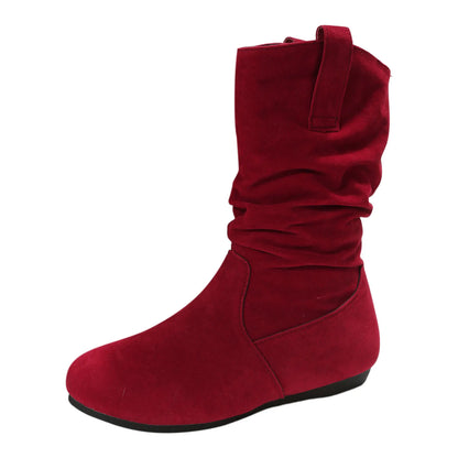 Womens Heel Boots Mid Calf Ladies Fashion Solid Colour Simple Round Toe Suede Flat Bottom Sleeve Cowboy Boots Women with Crosses