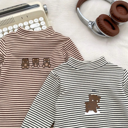 2025 Autumn Kids Baby Boys Shirts Striped Long Sleeve Cotton Bear Infant Boys Tops Stretch Versatile Toddler Boys Shirts