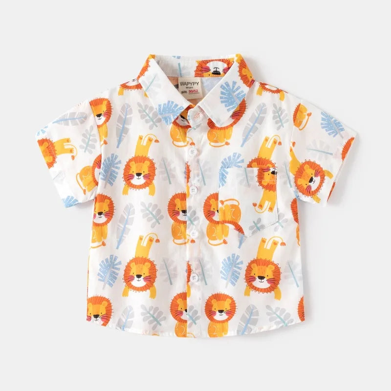 Fashion Baby Shirts 6 to 12 18 24 Months Toddler Boys Shirts Cotton Cars Lion Print Shirt for Boy Blue White Yellow Kids Clothes