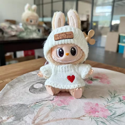 Cute Labubu Bunny Doll Accessories with Knitted Clothes Rabbit Ears Hat Heart Sweater for Toy Collectors Labubu Clothes