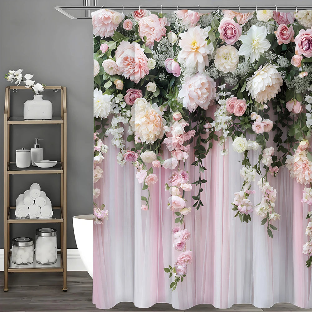 Rose Floral Pink Curtain Shower Curtain, Bathroom Decorative Shower Curtain, Waterproof Shower Curtain with Hooks
