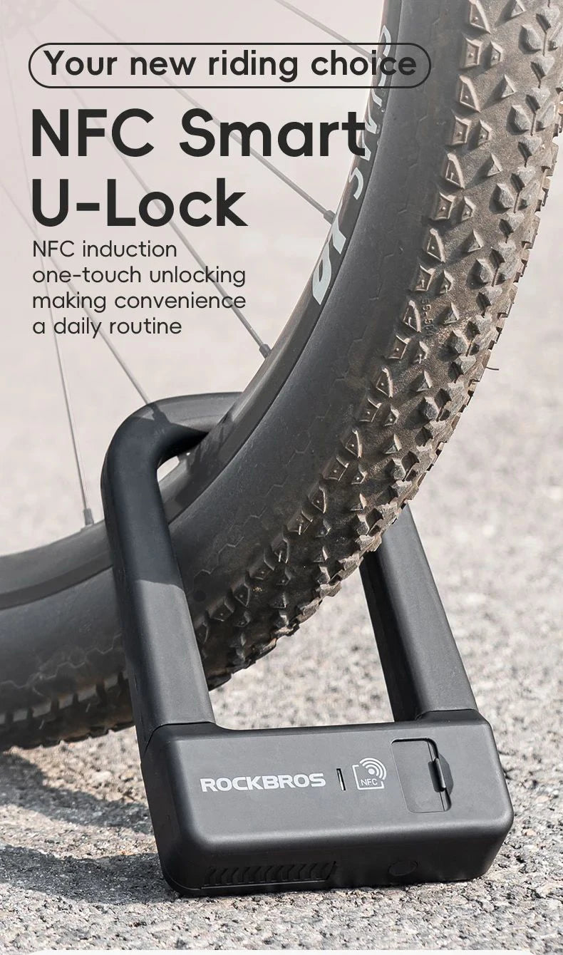ROCKBROS Bicycle Smart Lock NFC Lock Aluminum Alloy High Strength Waterproof Anti-theft Safety U-Shape Lock MTB Road Bike Cyclin