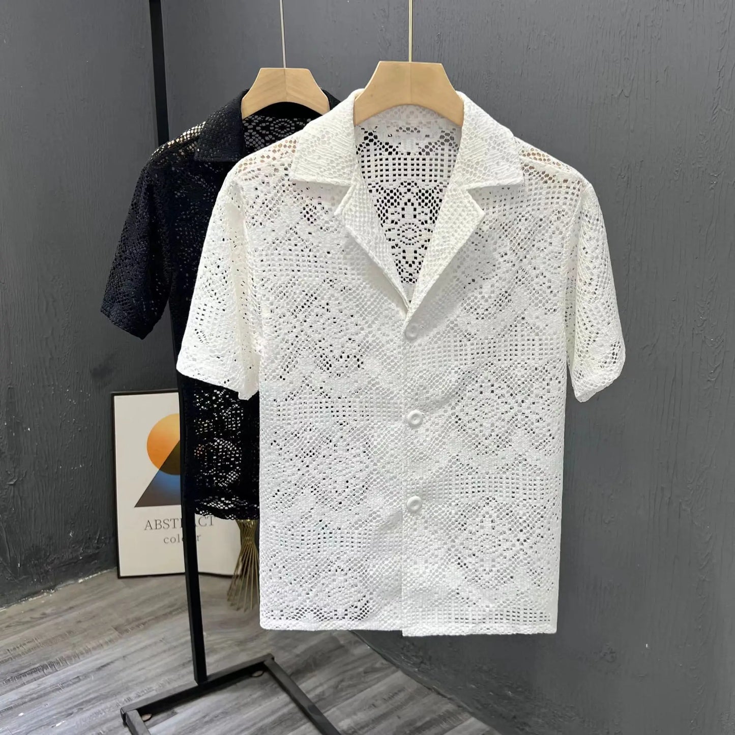 Vintage Ice Silk Lace Shirts For Men Sexy Lace Breathable Hollow Out Tops Summer Fashion Cuban Collar Short Sleeved Shirt Male