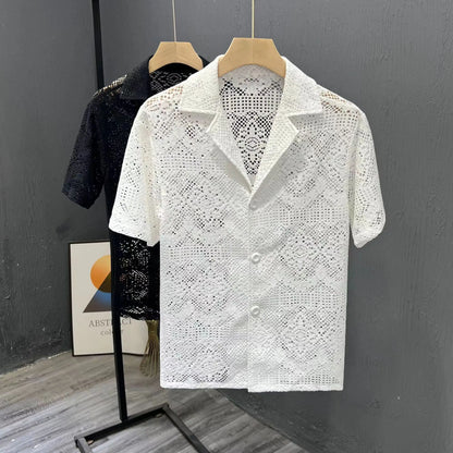 Vintage Ice Silk Lace Shirts For Men Sexy Lace Breathable Hollow Out Tops Summer Fashion Cuban Collar Short Sleeved Shirt Male