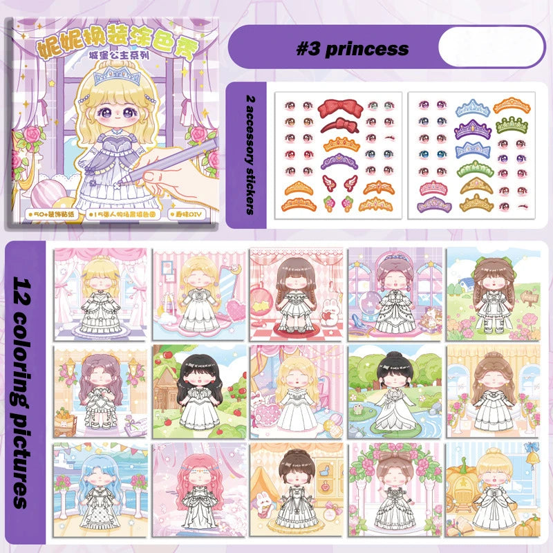 Educational Coloring Book for Kids with Stickers Girls Princess Dressing Up Drawing Set DIY Painting Books Art Supplies