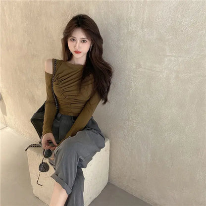 Women's T Shirts Off Shoulder Tees Sexy Plain Slim Black 2024 Tshirts 2000s Trend Female Tops Cool Wholesale Clothes Alt New In