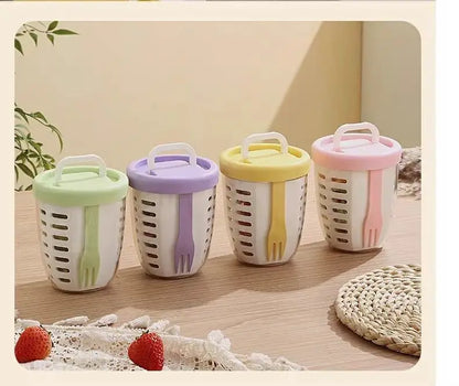 Salad Cup With Fork Cylindrical Plastic Fruit Cup Multifunctional Drainage Function Salad Container, Portable Lunch Box