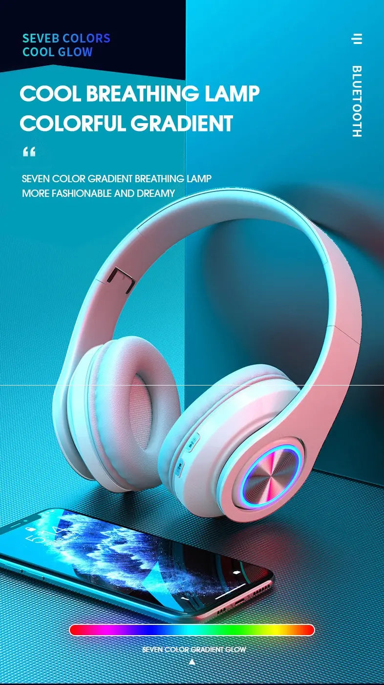 over-ear bluetooth headset wireless subwoofer headset folding card colorful luminous headset