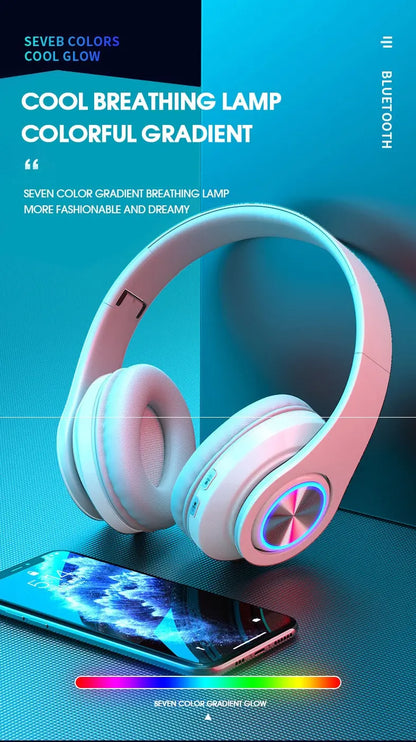 over-ear bluetooth headset wireless subwoofer headset folding card colorful luminous headset
