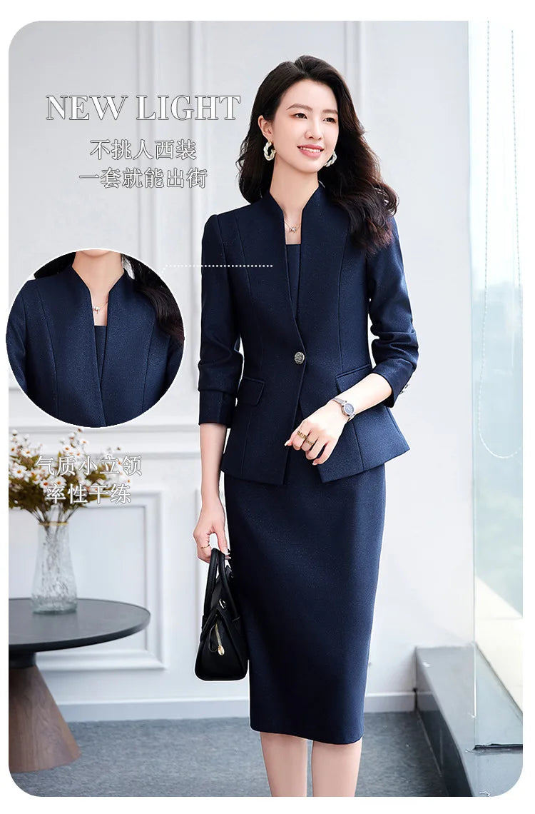 Office Suit Women Collarless Blazer + Vest Dress Set Executive Lady Workwear Elegant 2 Piece Set Long Sleeve Pink Suit Jacket
